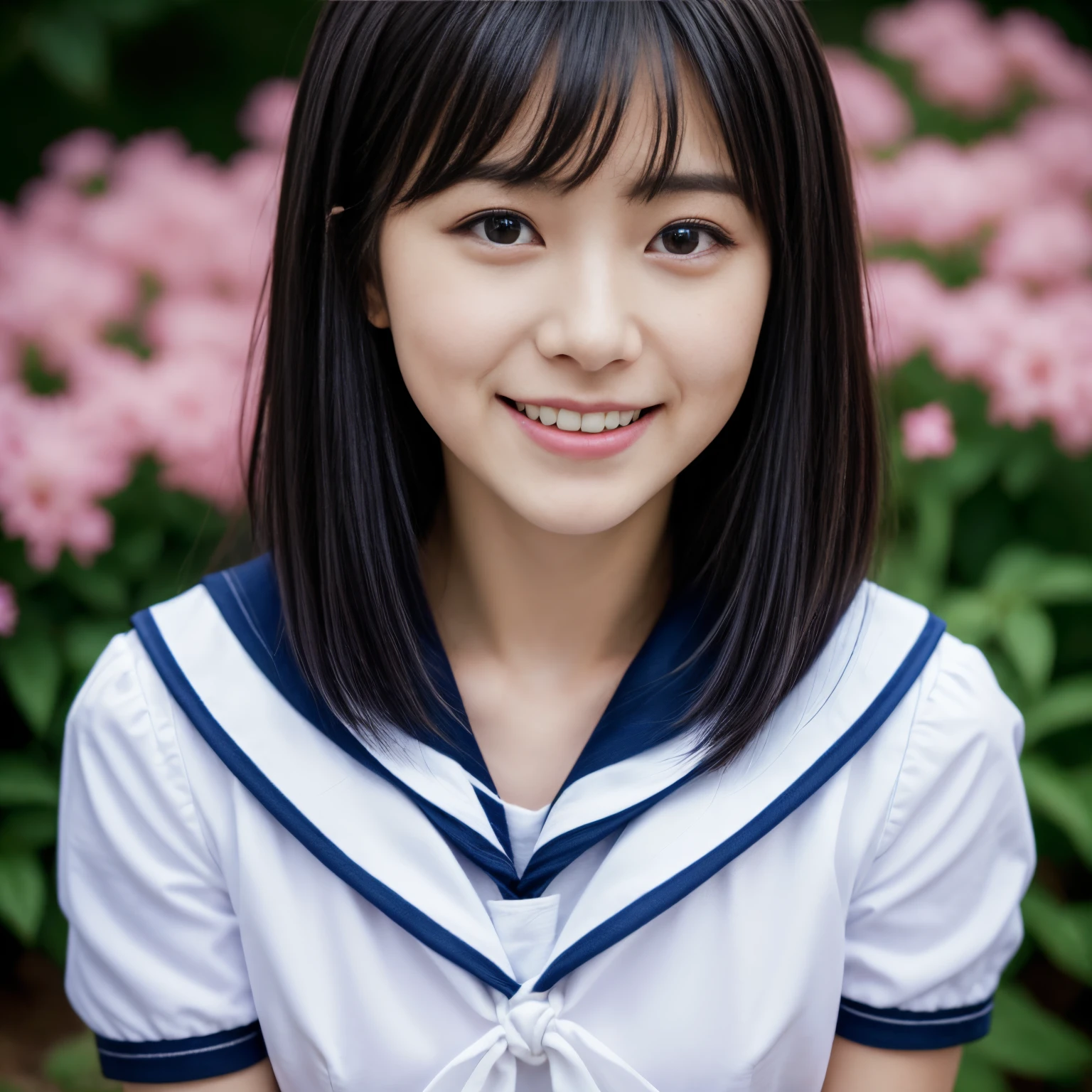 woman face closeup、a portrait photo of, Japan Person Model, 17-year-old female model,  4K、bangss、A dark-haired、bobhair、Middle hair、Straight hair、(white  shirt, Sailor School Uniform, Dark blue pleated skirt:1.2),　(Super cute face in idol style:1.2)、Perfect beautiful face、charming expression、a smile、The background is a beautiful pink peach flower field,