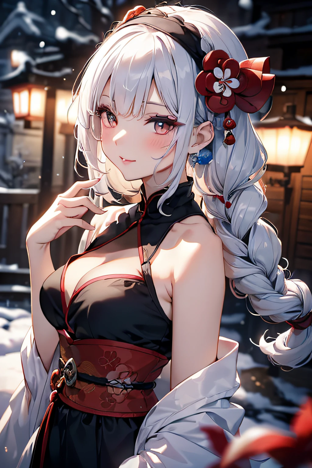 Anime girl with long white hair and red dress in front of a house - SeaArt  AI