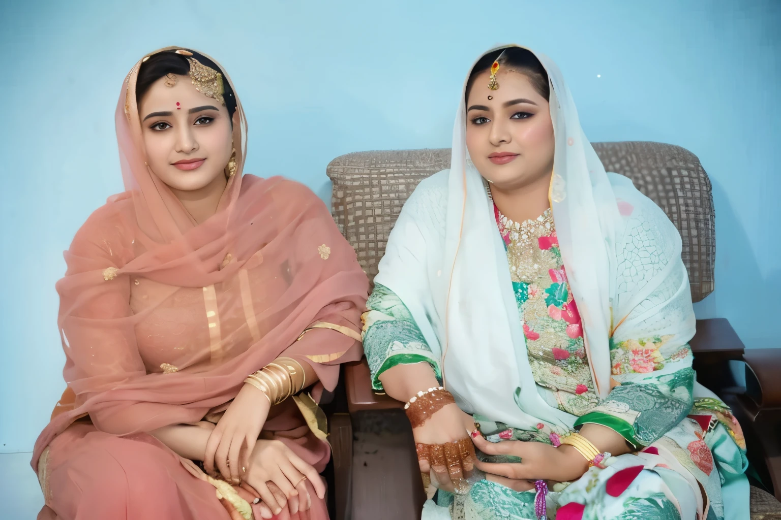 Two women sitting on a couch in colorful saris - SeaArt AI