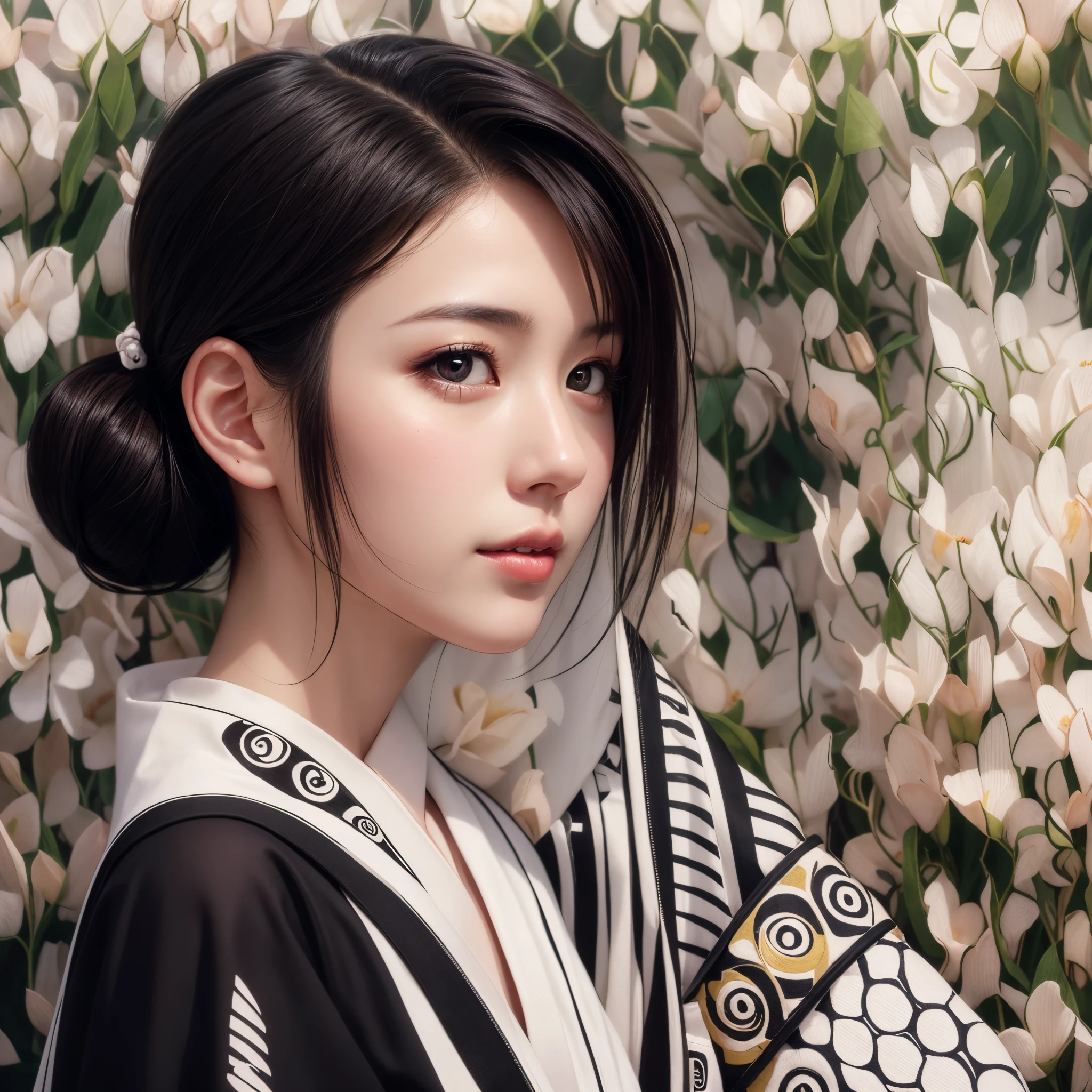a beautiful young Japanese girl, with black hair, beautiful eyes, silky skin, beautiful lips, wearing a beautiful white kimono, in a field of flowers, a beautiful hyperrealistic art, beautiful photorealistic digital art, intricate details digital art, exquisite art of pure realism.