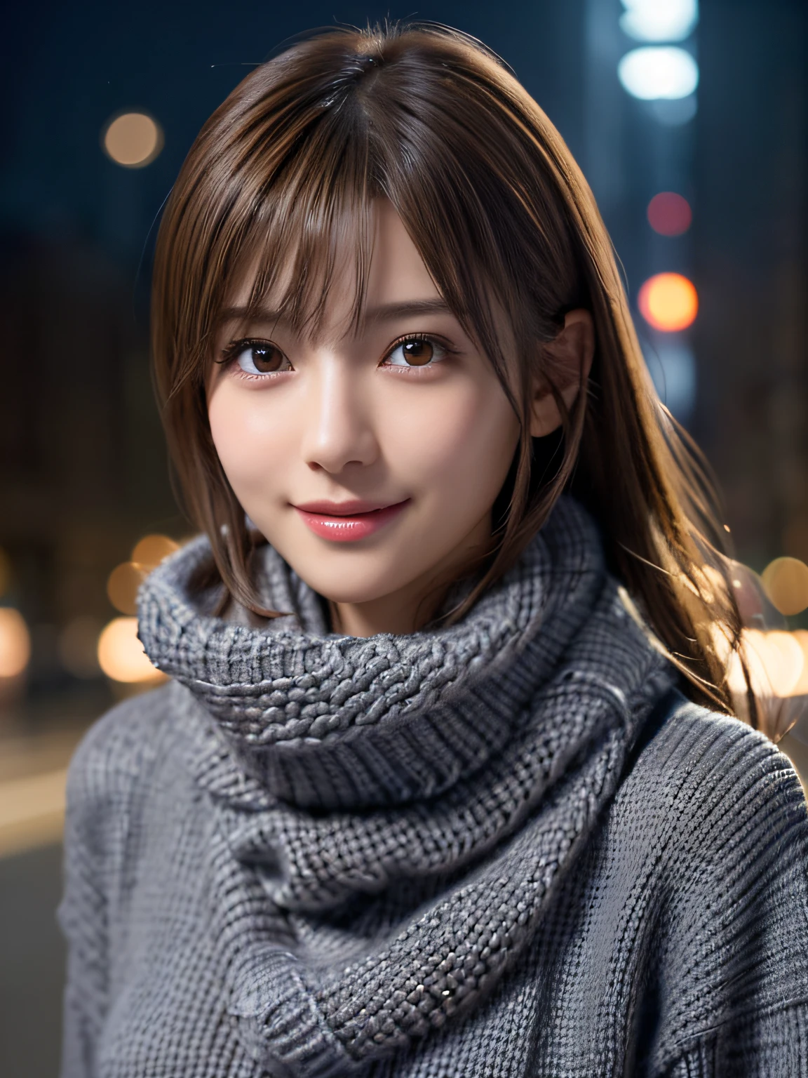 1 japanese girl,(Dark grey sweater:1.4),(she wears a knitted scarf around her neck.:1.2), (Raw photo, Best Quality), (Realistic, Photorealsitic:1.4), masutepiece, extremely delicate and beautiful, Extremely detailed, 8k wallpaper, amazing, finely detail, extremely detailed CG Unity, hight resolution, Soft light, Beautiful detailed 19 year old girl, extremely detailed eye and face, beautiful detailed nose, Beautiful detailed eyes,Cinematic lighting,city light at night,Perfect Anatomy,Slender body,Smiling  (hair messy, asymmetrical bangs, light brown hair,)