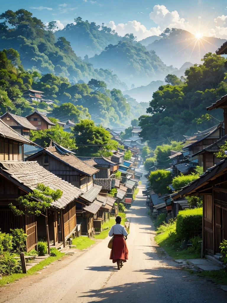 A detailed view. Studio Ghibli style. An early morning scene in a village in Indonesia. The sun is just rising on the eastern horizon. Some men in are leaving for the rice fields. Some women in kebaya and traditional Javanese dress are walking while carrying baskets. There is a man riding his bicycle on the road. With houses of traditional Javanese design. Trees by the roadside. The atmosphere is shady and cool. Masterpiece.