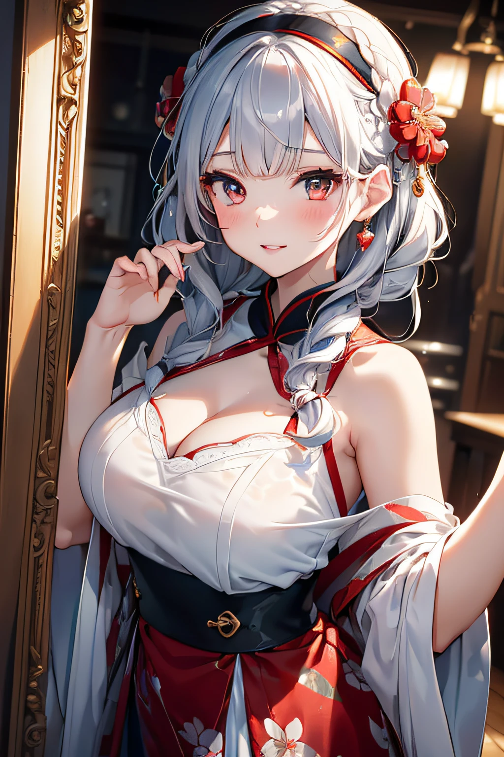 Anime girl with long gray hair and red dress posing in front of mirror -  SeaArt AI