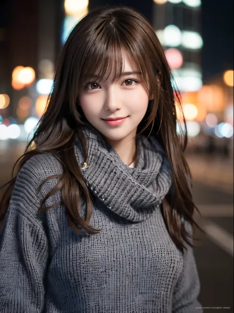 1 japanese girl,(Dark grey sweater:1.4),(she wears a knitted scarf around her neck.:1.2), (Raw photo, Best Quality), (Realistic, Photorealsitic:1.4), masutepiece, extremely delicate and beautiful, Extremely detailed, 8k wallpaper, amazing, finely detail, e...