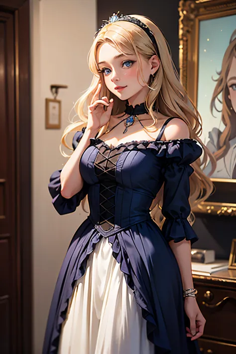 Highly detailed RAW color photo, 15 years old Virginia Otis in a victorian sexy dress, pixar style, in the style of bright 3D ob...