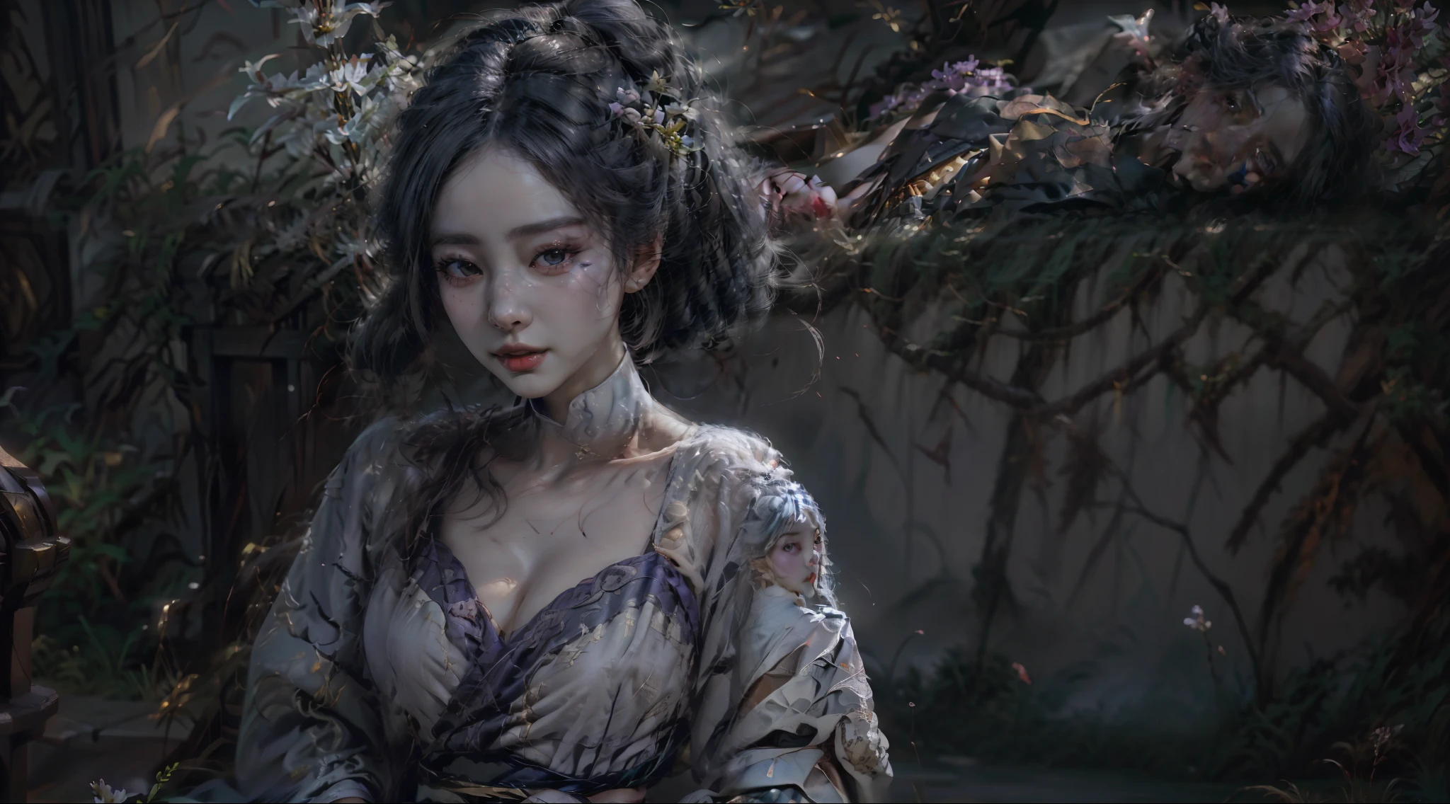 Delicate facial features，Hanfu，Anime manga girl，Long gray hair，a blue dress，Purple flowers in his hand, Serafina Ali Korda, Keda, Irelia, from league of legends, Keda and Sanyang, Beautiful celestial mage, Queen of the Sea Mu Yanling, League of Legends style, League of Legends Arcana, lux from league of legends, League of Legends Flash Painting