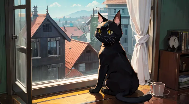 A black cat with cute round eyes。,Staring out the window　in a house