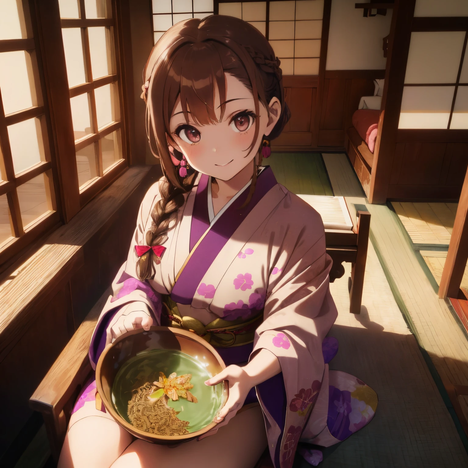 ((Brown hair)),((Braided shorthair)),((Brown eyes)),Slight red tide,(Teahouses in the Edo period),((A chaise longue covered with a red sheet)),(Japanese pattern standing parasol),((Purple, yellow-green, and pink kimono)),(White Cape),((holding a bowl of pee)),(He is looking at us with a happy face.),Kamimei,(Perspective from above),(close up of face),