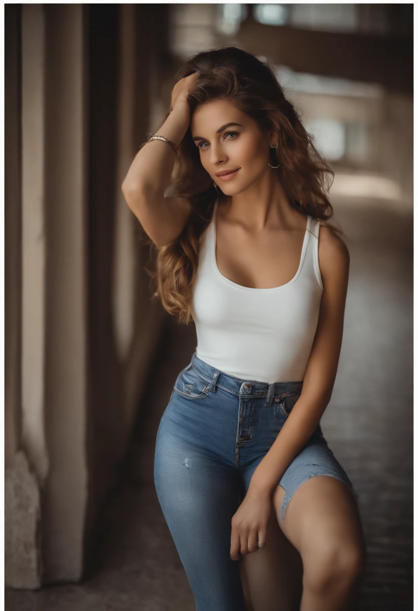 A woman in a white tank top and blue jeans posing for a picture - SeaArt AI