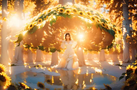 a woman wearing sheer gossamer stands under the towering sunflower tree, her gaze fixed on the intricate patterns of the branche...