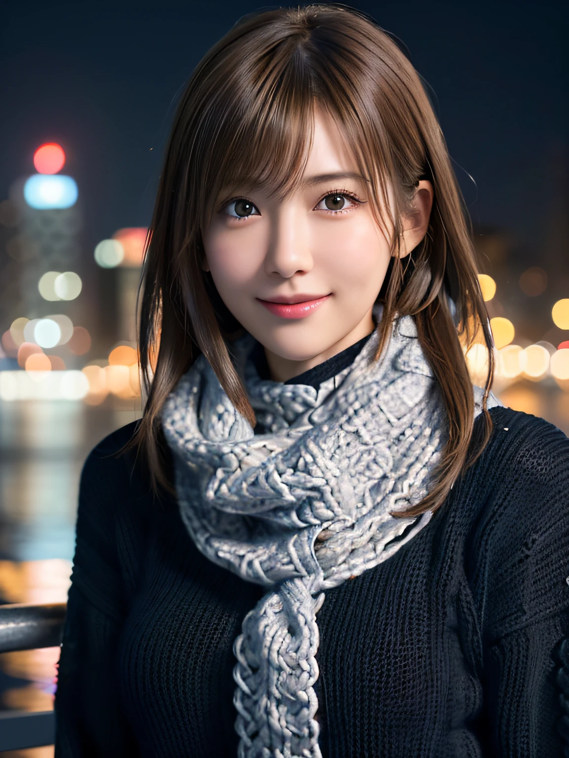 1 japanese girl,(Black sweater:1.4),(She wears a knitted snood around her neck to hide her chin..:1.5), (Raw photo, Best Quality), (Realistic, Photorealsitic:1.4), masutepiece, extremely delicate and beautiful, Extremely detailed, 8k wallpaper, amazing, finely detail, extremely detailed CG Unity, hight resolution, Soft light, Beautiful detailed 19 year old, extremely detailed eye and face, beautiful detailed nose, Beautiful detailed eyes,Cinematic lighting,city light at night,Perfect Anatomy,Slender body,Smiling  (hair messy, asymmetrical bangs, light brown hair,)