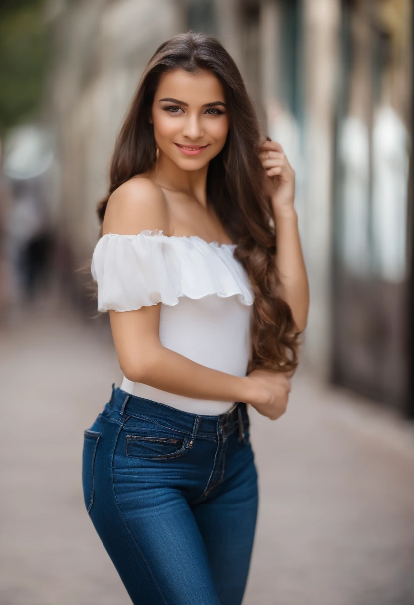 Une femme en jeans et haut blanc posant pour une photo SeaArt AI