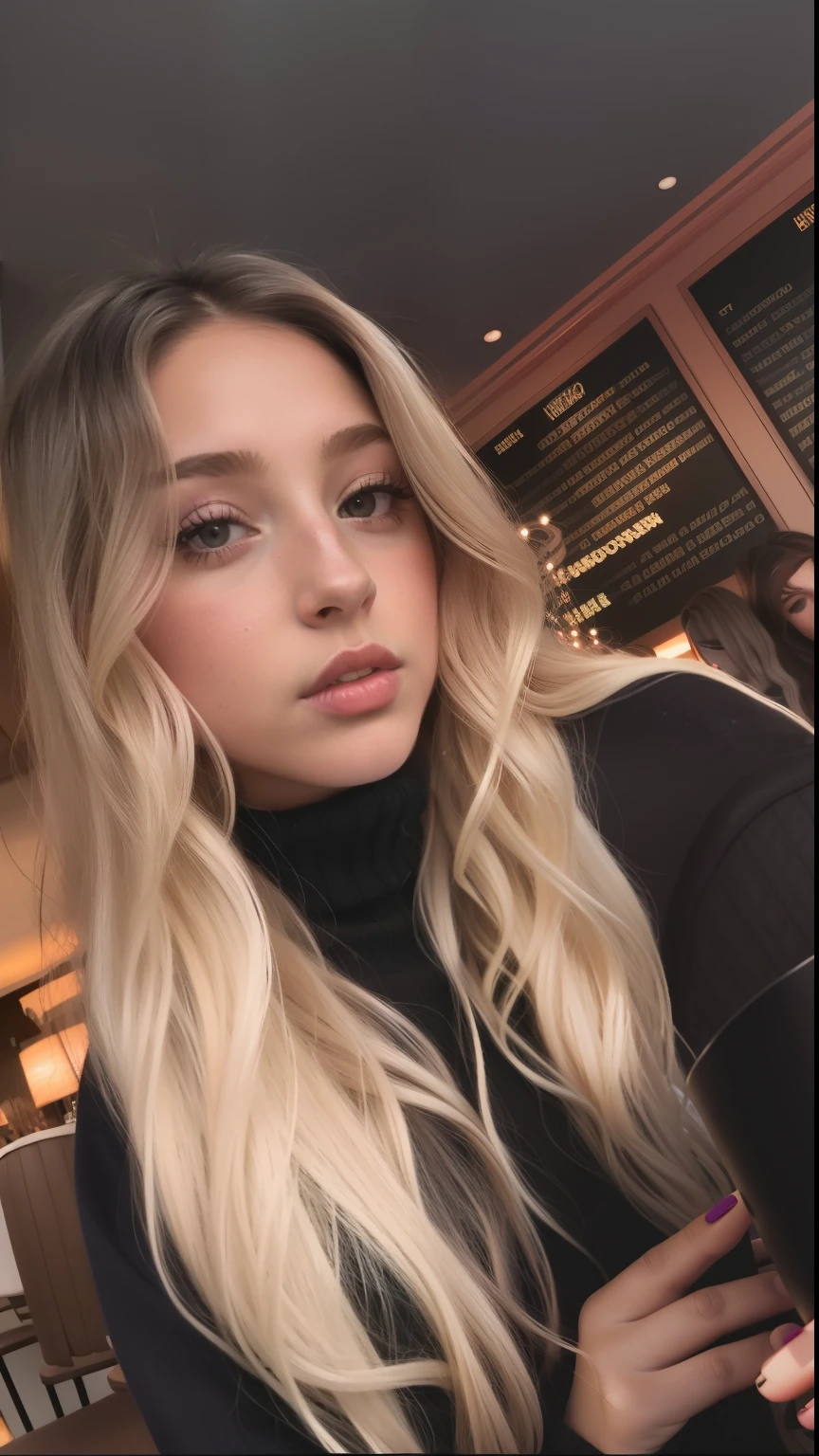 A close up of a woman with long blonde hair and a black turtle neck -  SeaArt AI