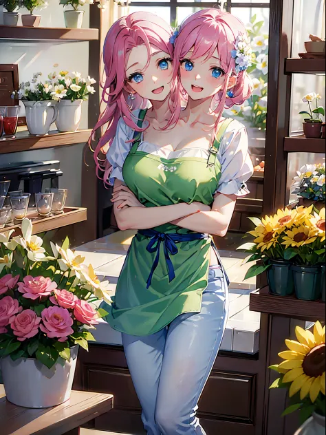 (masterpiece, best quality), best resolution, (2heads:1.5), 1girl, florist, pink hair, blue eyes, green apron with flower patter...