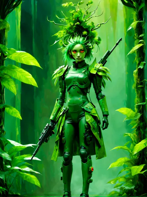 (pixar-style: 1.5)，（Full body photo），cyber punk perssonage，middle，(a girl made of fresh，Stand in the primeval jungle，Holding a s...