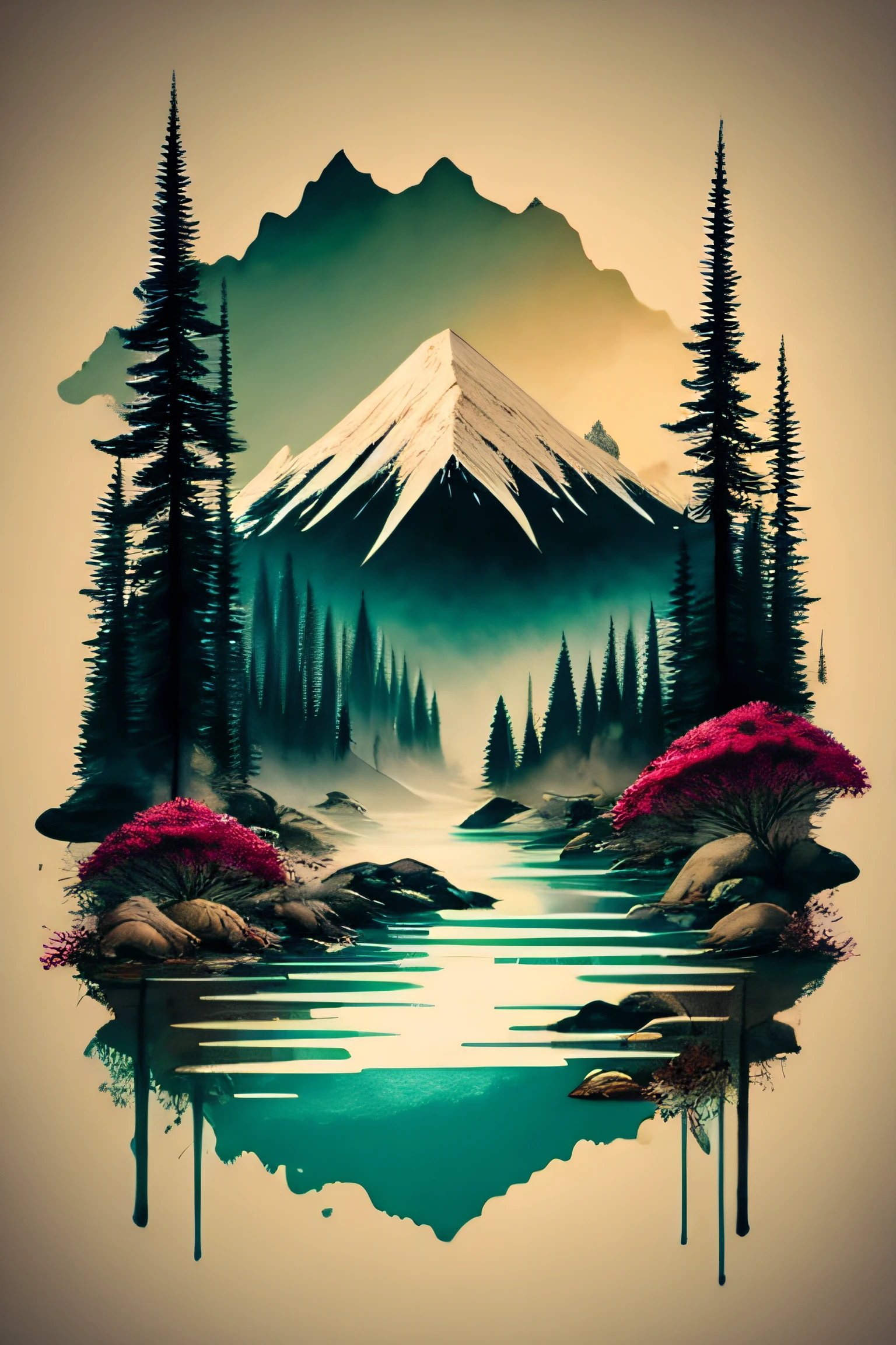 (weißer Hintergrund: 1.3), Landschaft, Berg, Wasser, Bäume, schlau, T-Shirt