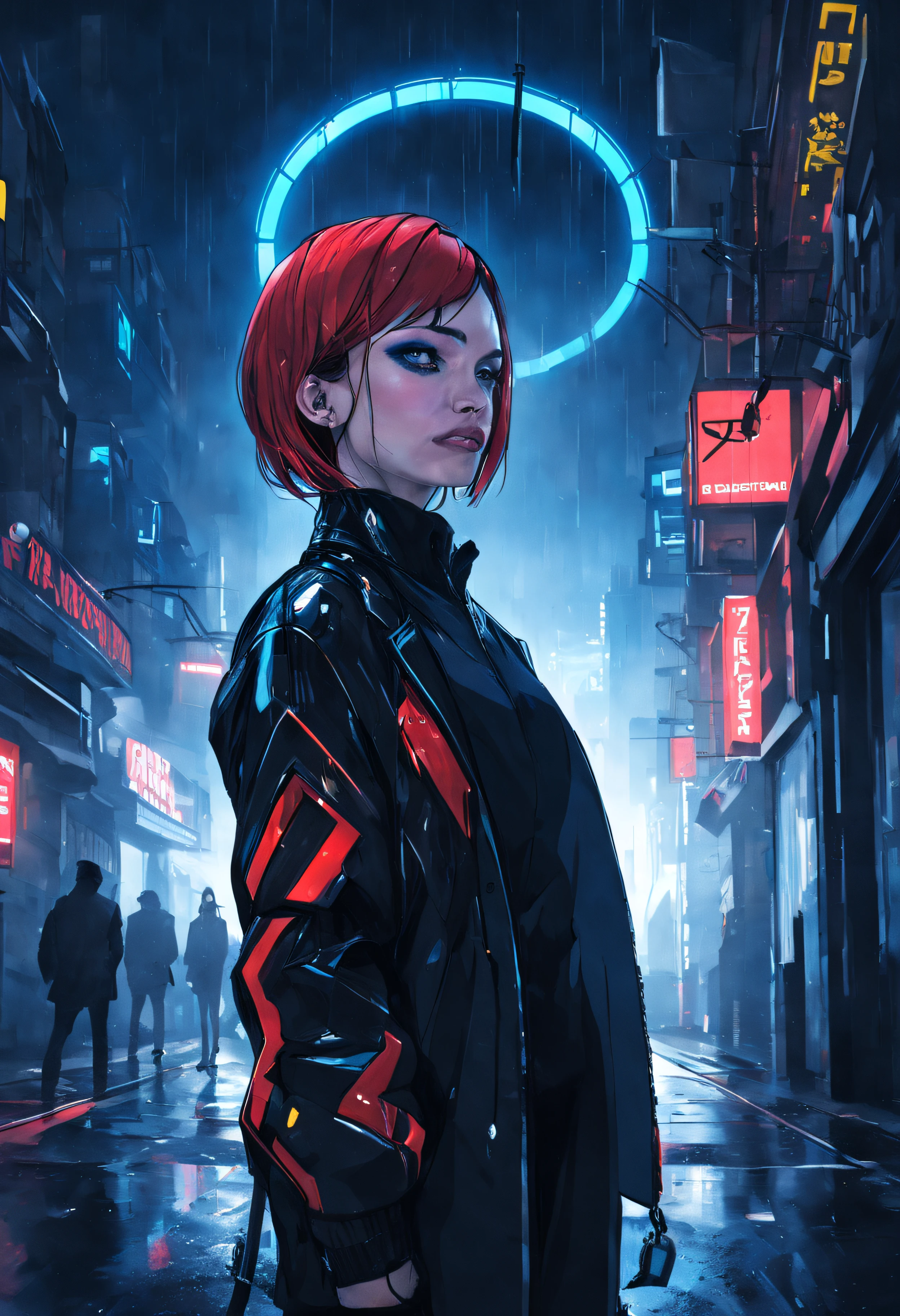 (pale-skin,Mujer de ojos azules,cabello rojo, con un traje negro, in a futuristic city on a rainy night with neon lights),Ilustrado,Ultra detallado,Altas Resoluciones,(realista,fotorrealista:1.37),Artistas conceptuales,con colores vibrantes,foco nítido,Pro Lighting,Impresionante paisaje urbano,Reflection on wet surfaces,Bright neon signs,Arquitectura impresionante,Rascacielos imponentes,Safe and mysterious expression,futuristic tech, calles llenas de gente,evokes a sense of intrigue and mystery.