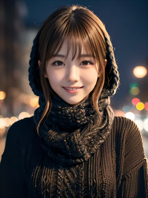 1 japanese girl,(Black sweater:1.4),(She wears a knitted snood around her neck to hide her chin.....:1.5), (Raw photo, Best Qual...