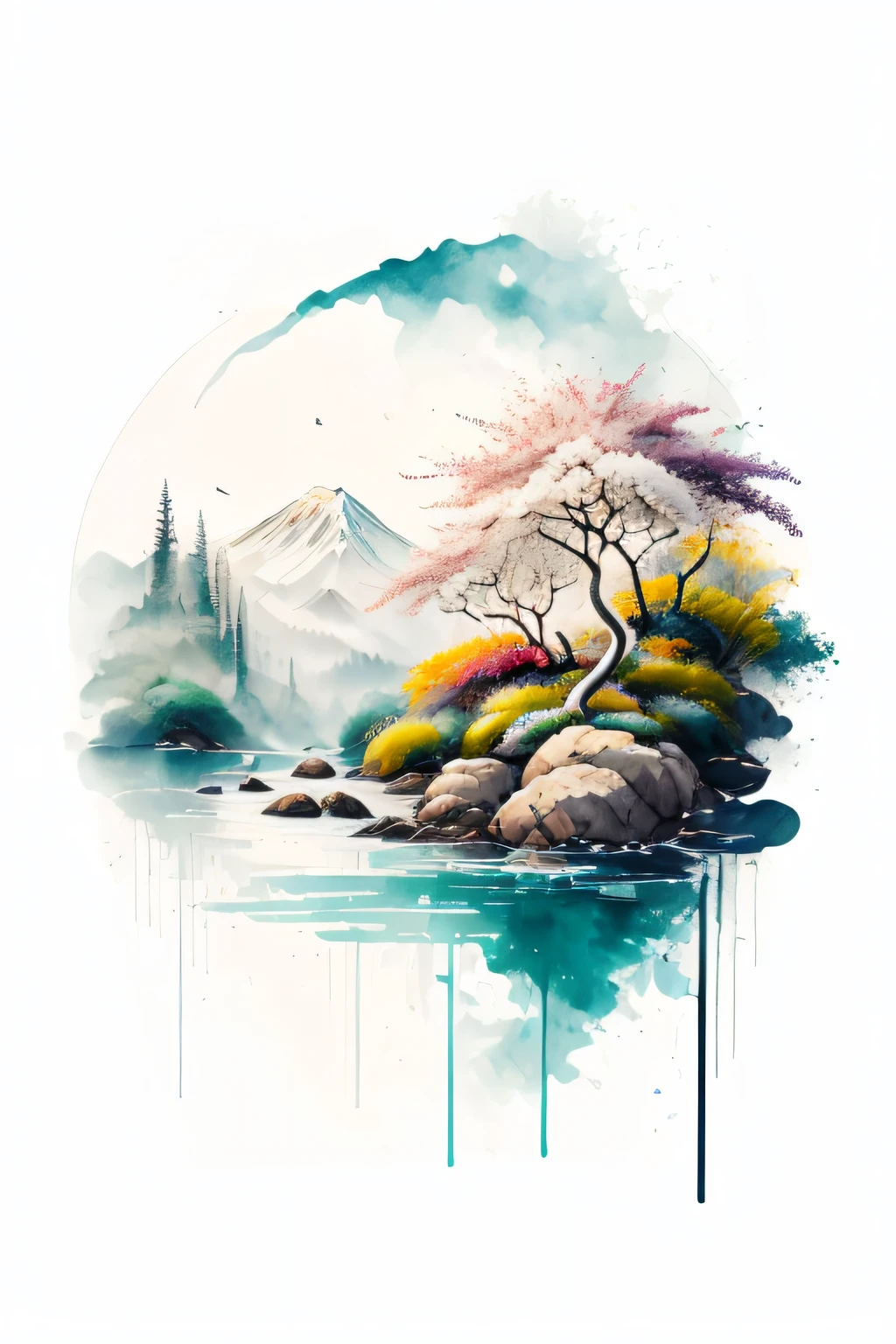 (fondo blanco: 1.3), camiseta, paisaje, Río, agua, árboles, aves, pintar