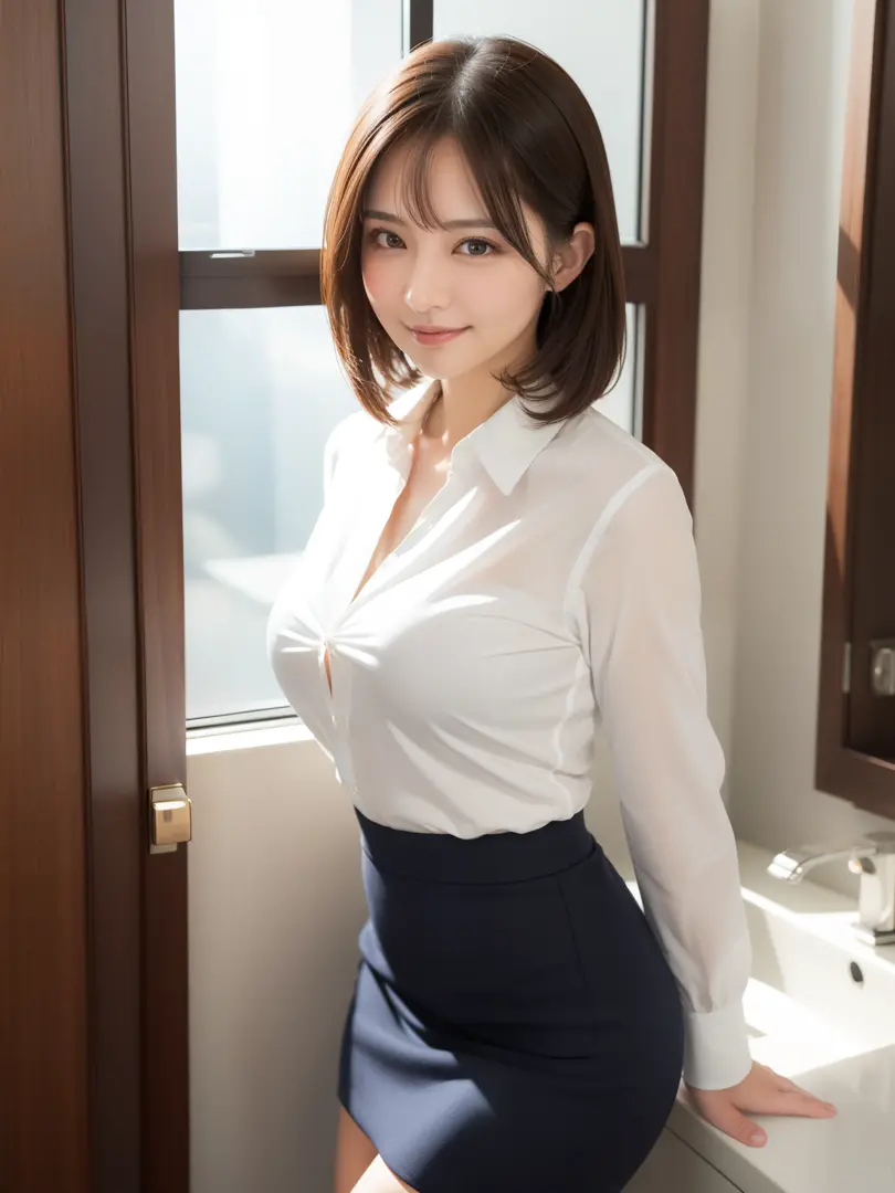 ((​masterpiece))、((top-quality))、a picture、Realisticity、high-level image quality、ultra-detailliert、Delicate facial features、short-hair、Realistic backgrounds and accessories、age 40s、married woman、Plump body、large and soft chest、Sexy smile、dark office changing room、change into company uniform、On the way to take off the skirt、wide Shots、bending forward、Facing to the side、