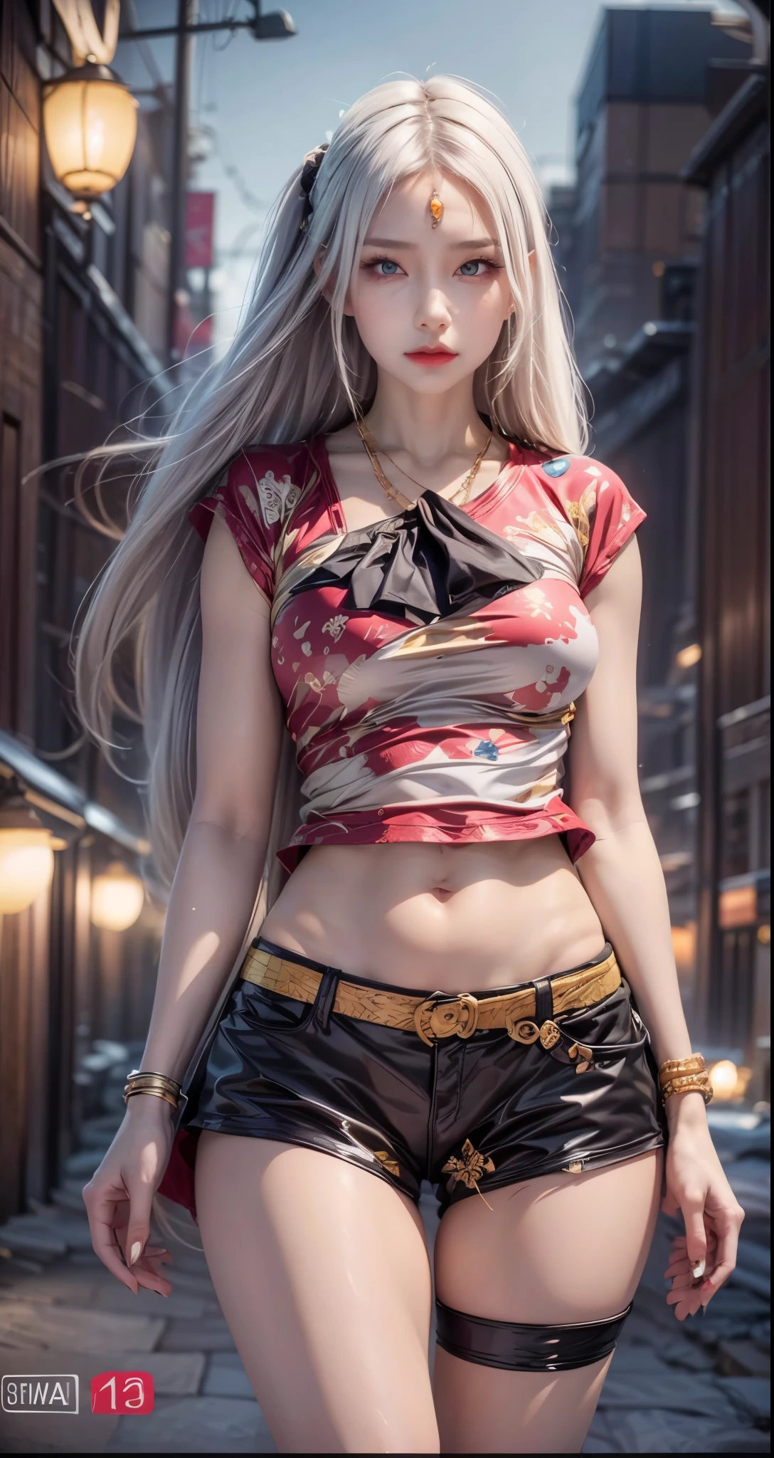 realistic, 1 women, best quality, 12k, HD, long hair, big round breasts, cleavage, ponytail, necklace, jewelry, shorts, short jacket, slim hips, hair tie, yellow eyes, black hair, super detailed, Eye details, hair details, person details, mouth details, face details, breast details, clothes details, hair details, pants details, hand details, whole body