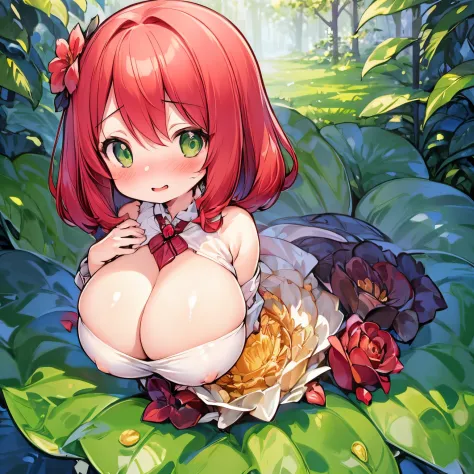 masterpiece, high quality, 1 girl, (oppai loli), (long red hair and green eyes), glossy skin, blushing, slender, slim, anatomically correct, large breasts, SFW, plantgirl, rose, giant flower, alraune, forest