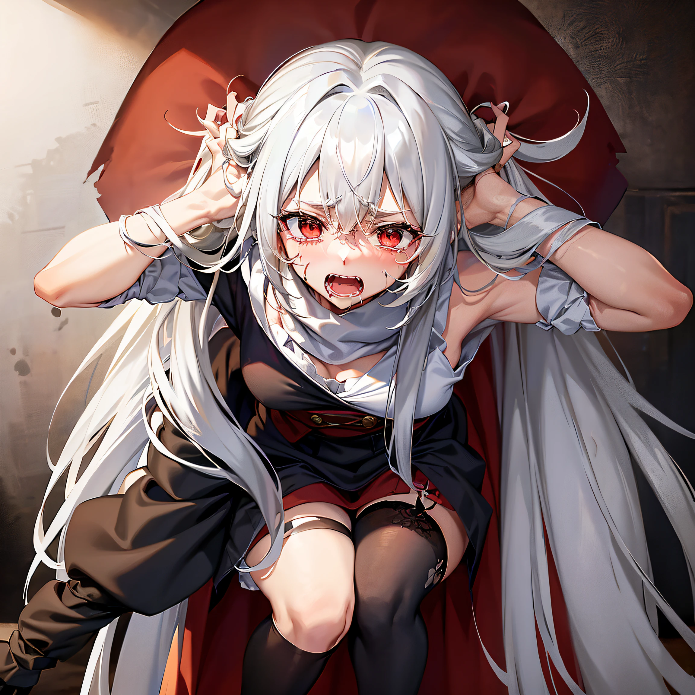 An anime girl，（Fluffy）Long hair to the hips，crouched，Knees inward（and together），Wearing a dark gray coat，Wearing a white sailor suit underneath，Red cloth triangle scarf，blackstockings，（Angry，grievance，be desperate）scowling，tear in her eyes，The mouth opens slightly（shout），There was a little blood on his face，blood on face and arms, Sick, White wall on background，There are round ones（Human body size）Aperture hits the wall，There is sticky blood on the wall，nervous pictures，4K，comic character，street frontage，focus on upper body