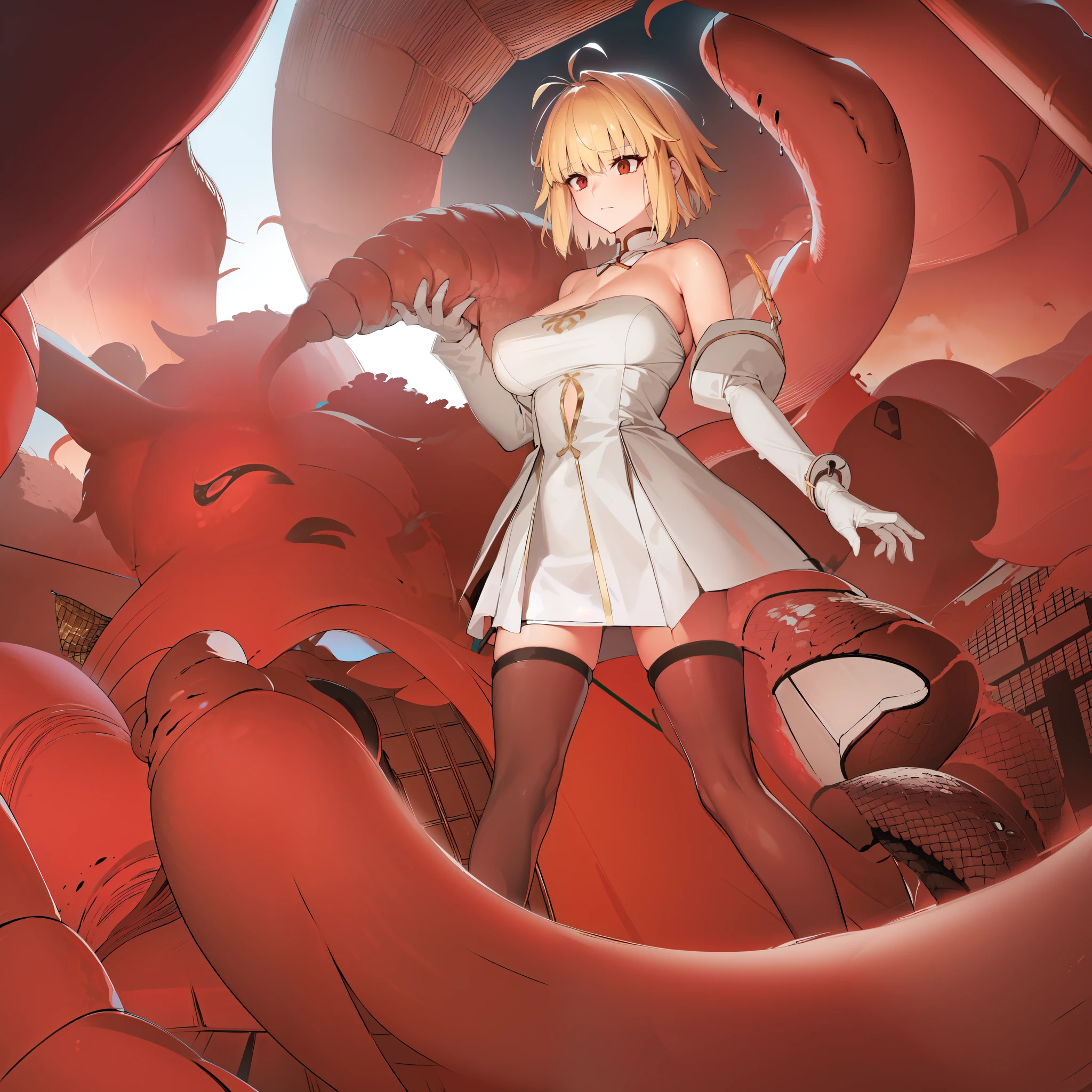 Anime girl in white dress standing in front of giant red octopus - SeaArt AI