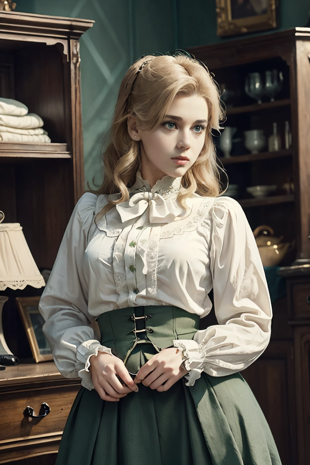 chef-d&#39;œuvre, ultra détaillé, 8k, !(il y a une belle femme blonde mature debout ensemble dans une pièce, chemise blanche et jupe verte, vêtements d&#39;inspiration victorienne, vêtements vintage, Style Renaissance, Porter un chemisier, blouse blanche, Inspiré par Eliseu Visconti, détails élevés sur les vêtements, taille - coup, Porter un chemisier blanche, beaux détails, Costume de style victorien, vêtements vert foncé ornés, Vêtements victoriens, satin)