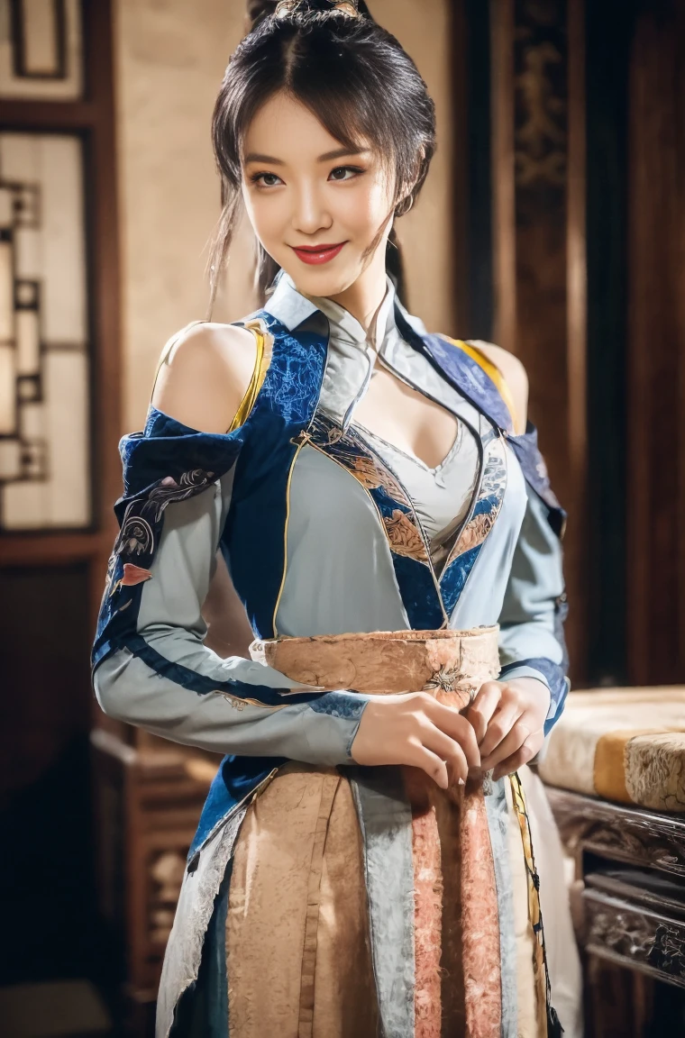 Gentle and beautiful woman, full body photo, delicate and sexy collarbone, attractive oval face, double eyelids, smart peach blossom eyes, pink lips, small nose, bare shoulders, focused face, face up, ultra high definition, super detail, elegant standing posture, ancient Chinese clothes , ancient Chinese scenery, holding ancient Chinese sword,