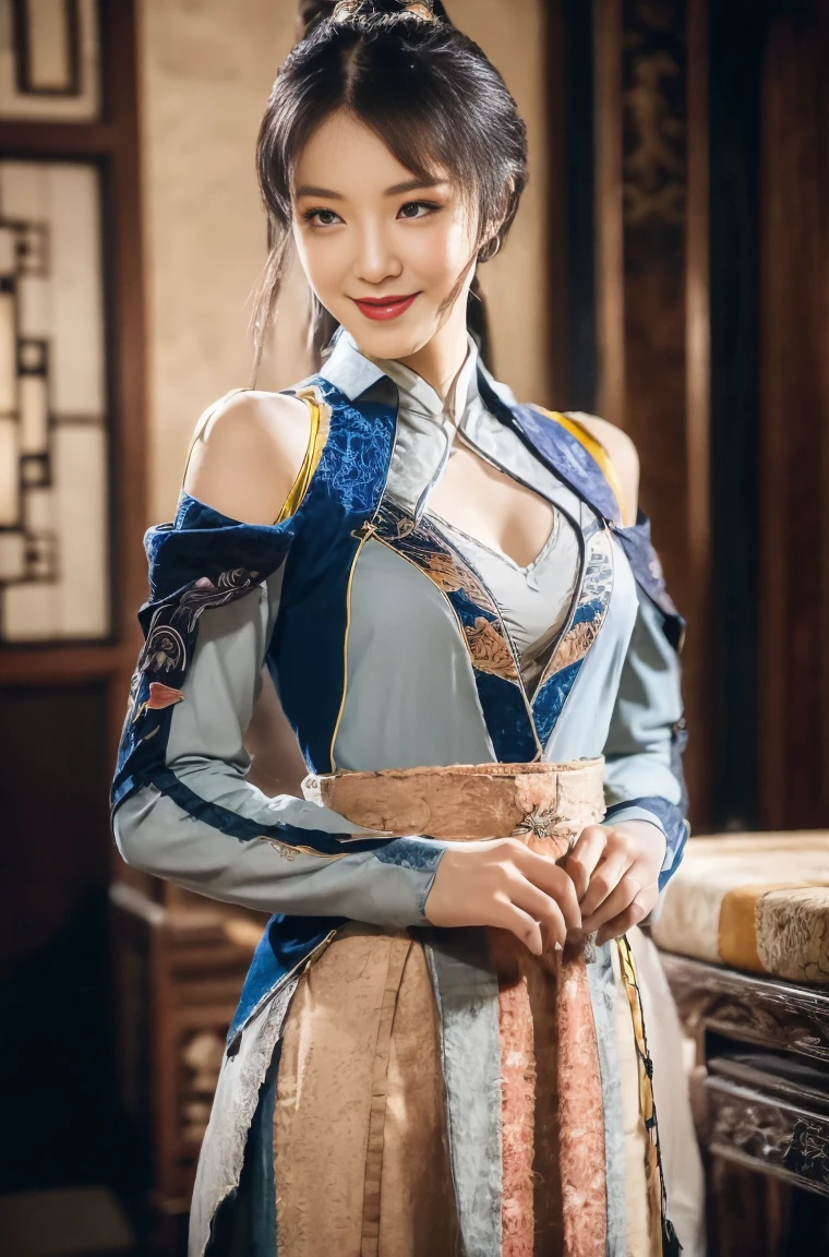 lovely and beautiful woman, full body photo, delicate and sexy collarbone, attractive oval face, double eyelids, smart peach blossom eyes, pink lips, small nose, bare shoulders, focused face, face up, smiling, ultra high definition, super detail, elegant standing posture, ancient Chinese clothes lace top, ancient Chinese scenery, holding ancient long sword, (full bodyesbian:1.4),