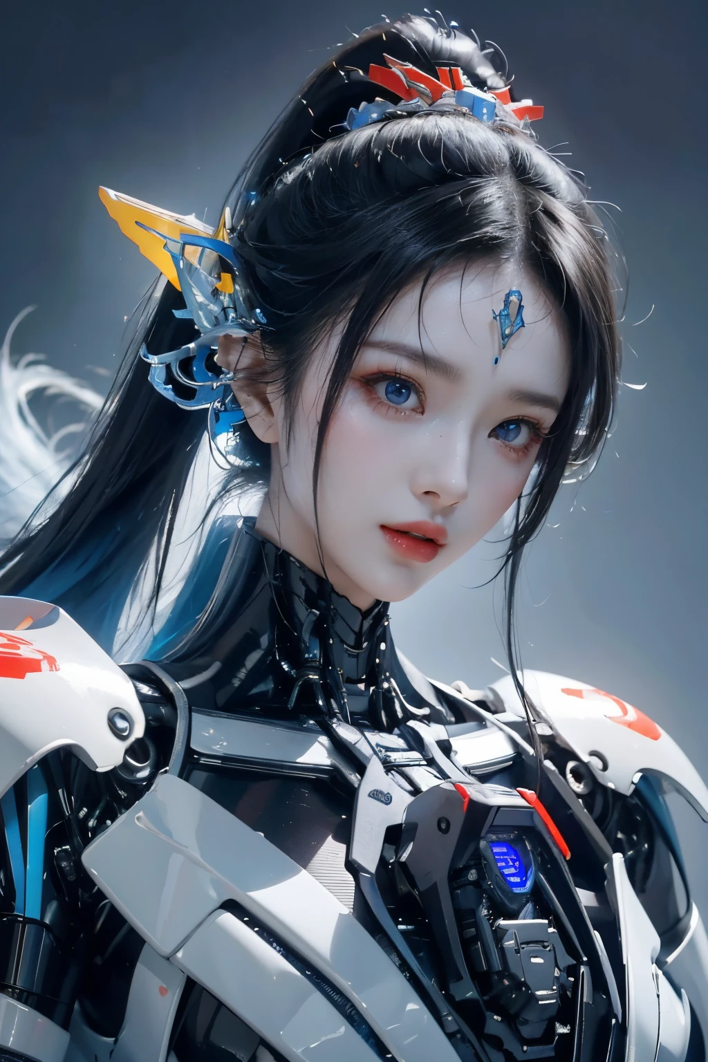 tmasterpiece,Best quality at best,A high resolution,8K,(portrait),(Close up of avatar),(RAW photogr),real photograph,digital photography,(cyberpunk queen),20-year-old girl,long ponytail hairstyle,By bangs,(Black and blue gradient hair),(Glowing red eyes),Devil Eyes,Serious and charming,Mechanical body,Blue glowing electronic components,Red wires and tubes connect the body,Complex golden electronic texture,Weird technology symbols,Green round forehead symbol,Luxurious mechanical crown,Keep your mouth shut,(Mechanical Woman),Photo pose,cyber punk perssonage,Future Style,gray world background,oc render reflection texture