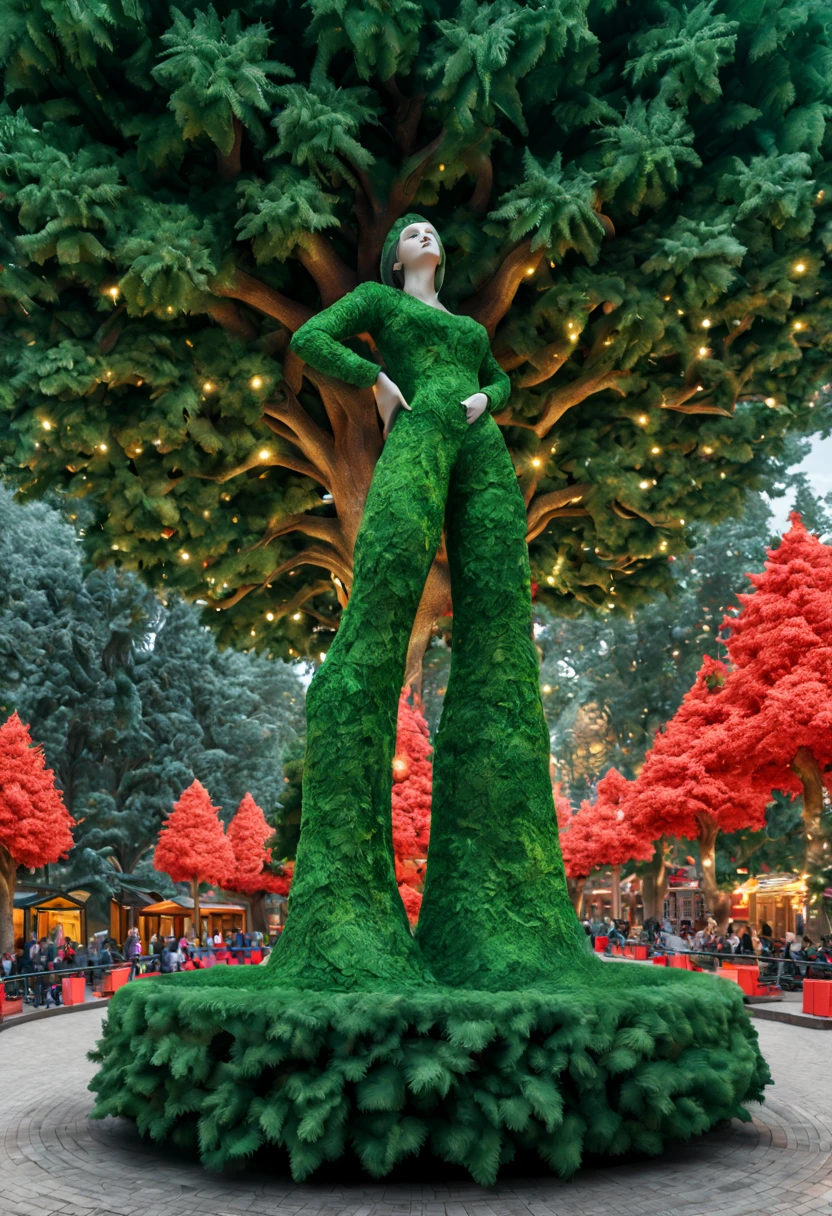 plant sculpture in park square, (Sculpture symbolizes girl), (nature theme park), Christmas color, Evergreen, (best composition), ultra-wide-angle, octane render, enhance, intricate, (best quality, masterpiece, Representative work, official art, Professional, unity 8k wallpaper:1.3)