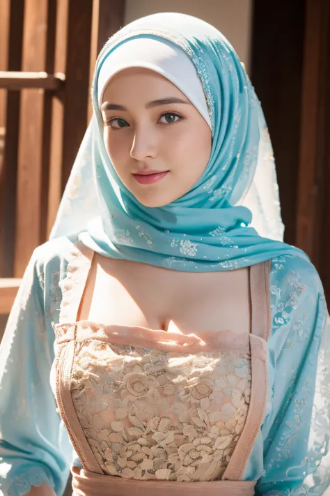top-quality,Beautiful detailed hijabi,Bewitching face,mongol teen model,long lashes,Wearing a colorful (naked_apron),Hide your m...