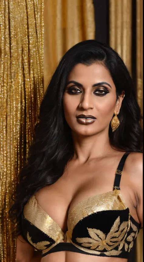 lana rhoads, hindu woman, (((massive milky boobs))), cleavage, indian gold jewelry, boobs hanging out, boob show, indian sexy milf, sexy woman, 40 years old, tight skin, mature, (((dressed up in traditional indian designer black and gold bra))), boobs prot...