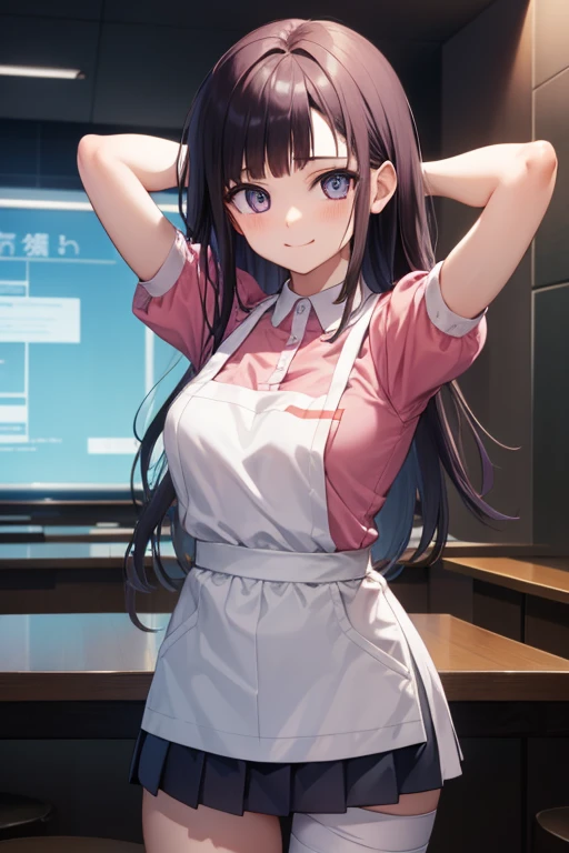 mikantsumiki, mikan tsumiki, long hair, purple hair, (purple eyes:1.1), bangs, blunt bangs, smile, shy
BREAK apron, bandaged leg, bandages, collared shirt, miniskirt, pink shirt, pleated skirt, puffy short sleeves, puffy sleeves, shirt, short sleeves, skirt, two-tone shirt, white apron, white shirt,
BREAK looking at viewer,
BREAK forest, dark sky, contrapposto, smile, spread armpits, cowboy shot, sleeveless, arms behind head,
BREAK (masterpiece:1.2), best quality, high resolution, unity 8k wallpaper, (illustration:0.8), (beautiful detailed eyes:1.6), extremely detailed face, perfect lighting, extremely detailed CG, (perfect hands, perfect anatomy),