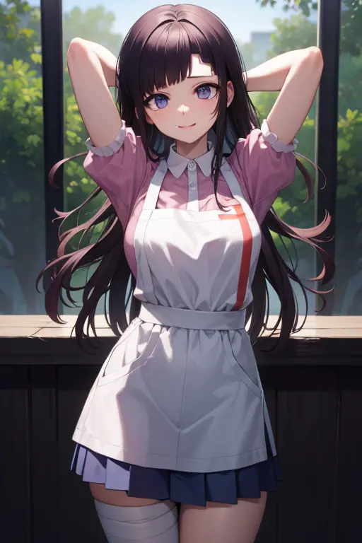 mikantsumiki, mikan tsumiki, long hair, purple hair, (purple eyes:1.1), bangs, blunt bangs, smile, shy
break apron, bandaged leg...