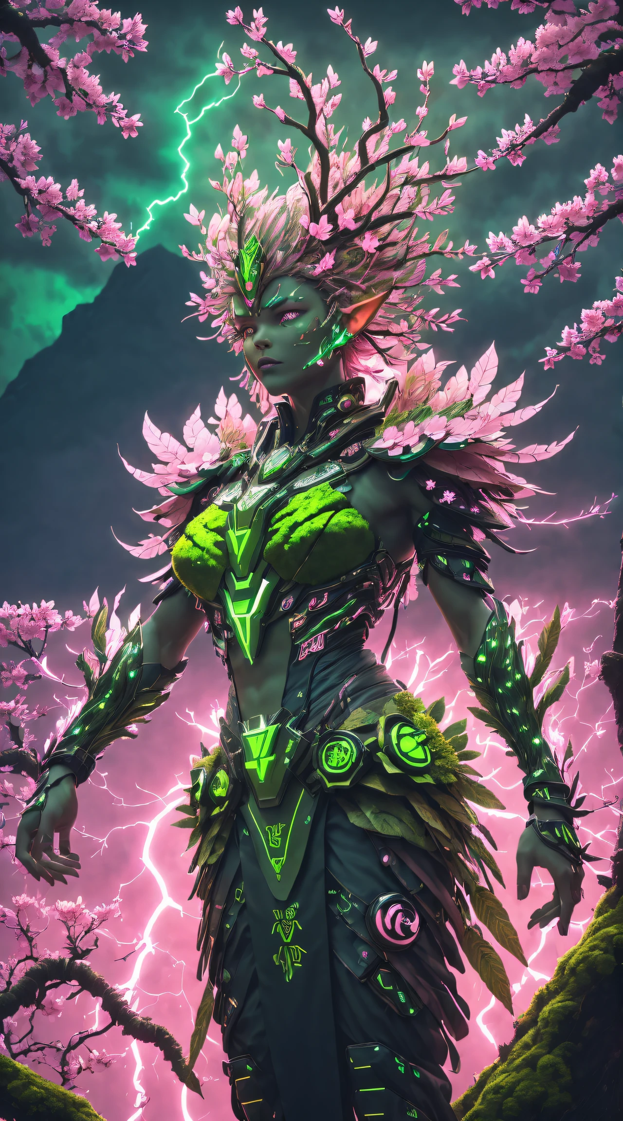 (A queen)，(Cyberpunk Treeman)，metal leaf，Wired branch，glowing light eyes，mechanical bark，bark covered with moss，tribe outfit，standing on top of a mountain，(ancient tribal markings)，Control the tendrils extending from the arms，Neon lights dance on the body，(Lightning around branches and leaves)，(peach blossom)，The petals are soft and delicate，Vibrant colors，(A harmonious blend of green and pink)，(Ominous dark clouds in the sky)，Night atmosphere，A futuristic，Vibrant colors and high-contrast lighting，Dramatic shadows and highlights.(Best quality, 4K, 8K, tmasterpiece: 1.2),  (actual, Shoot real, Shoot real: 1.37)