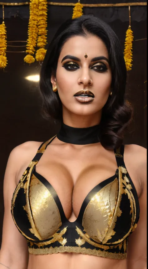 lana rhoads, hindu woman, (((massive milky boobs))), (((dressed up in traditional indian designer black and gold bra))), boobs protruding out