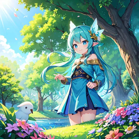 finest image, fantasy, a cute girl who uses magic to grow trees and flowers in the forest, birds, blooming flowers, falling peta...