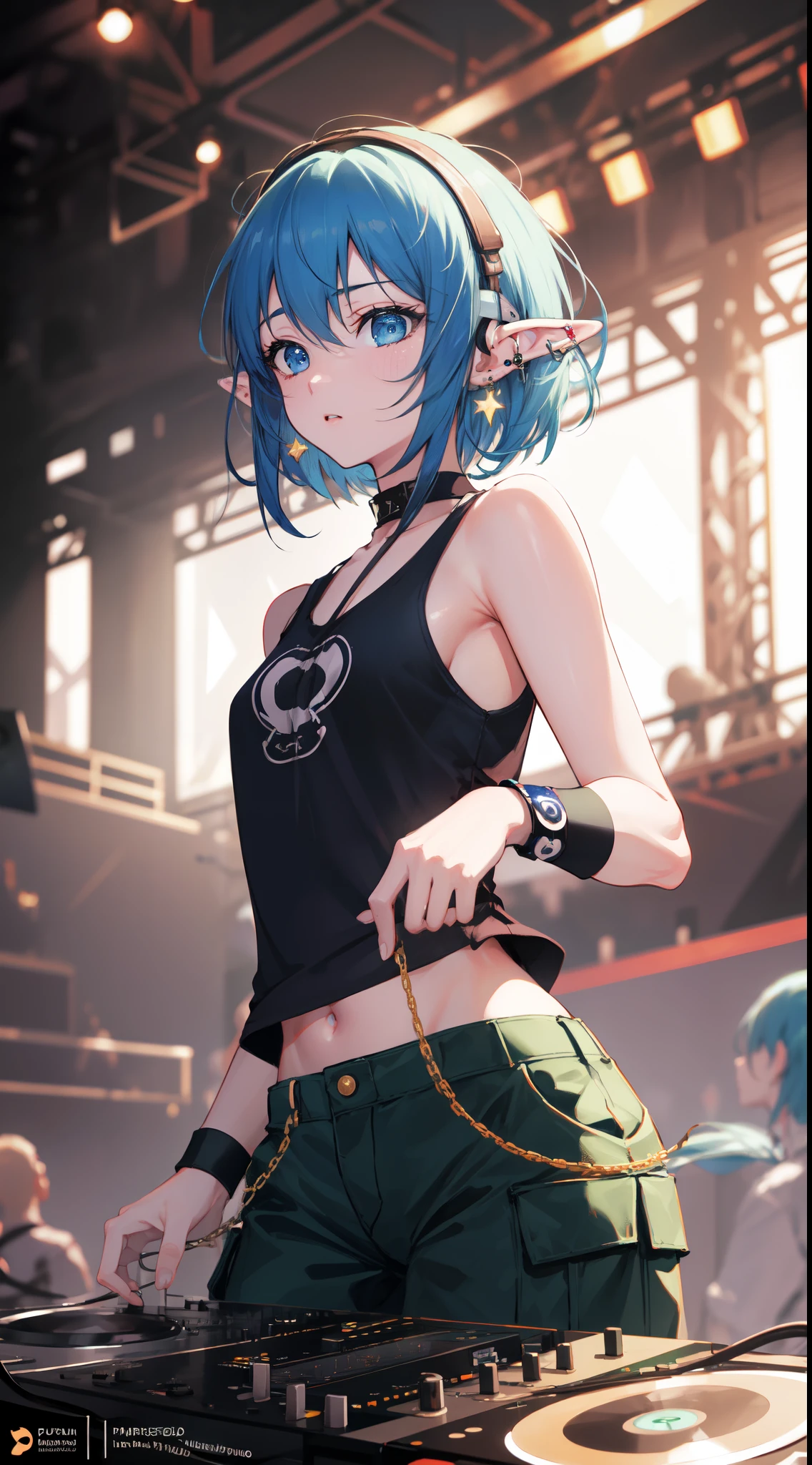 (masterpiece), (best quality), (ultra detailed), (illustration), Concept Art, Cinematic Lighting, Elf as dj player, (elf), (1girl), beautiful detailed eyes, deep blue eyes, delicate beautiful face, (shaved hair), Cargo Pants and Tank Top, Various accessories, (ear piercing), punky style, stage, (depth of field:1.2), (blurry background:1.2),  art style by Yusuke Murata, by Artgerm, by Alphonse mucha