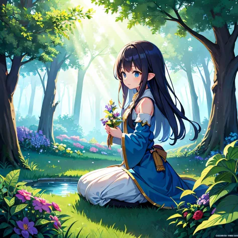 finest image, fantasy, a cute girl who uses magic to grow trees and flowers in the forest, water shower, gold dust, sunlight fil...