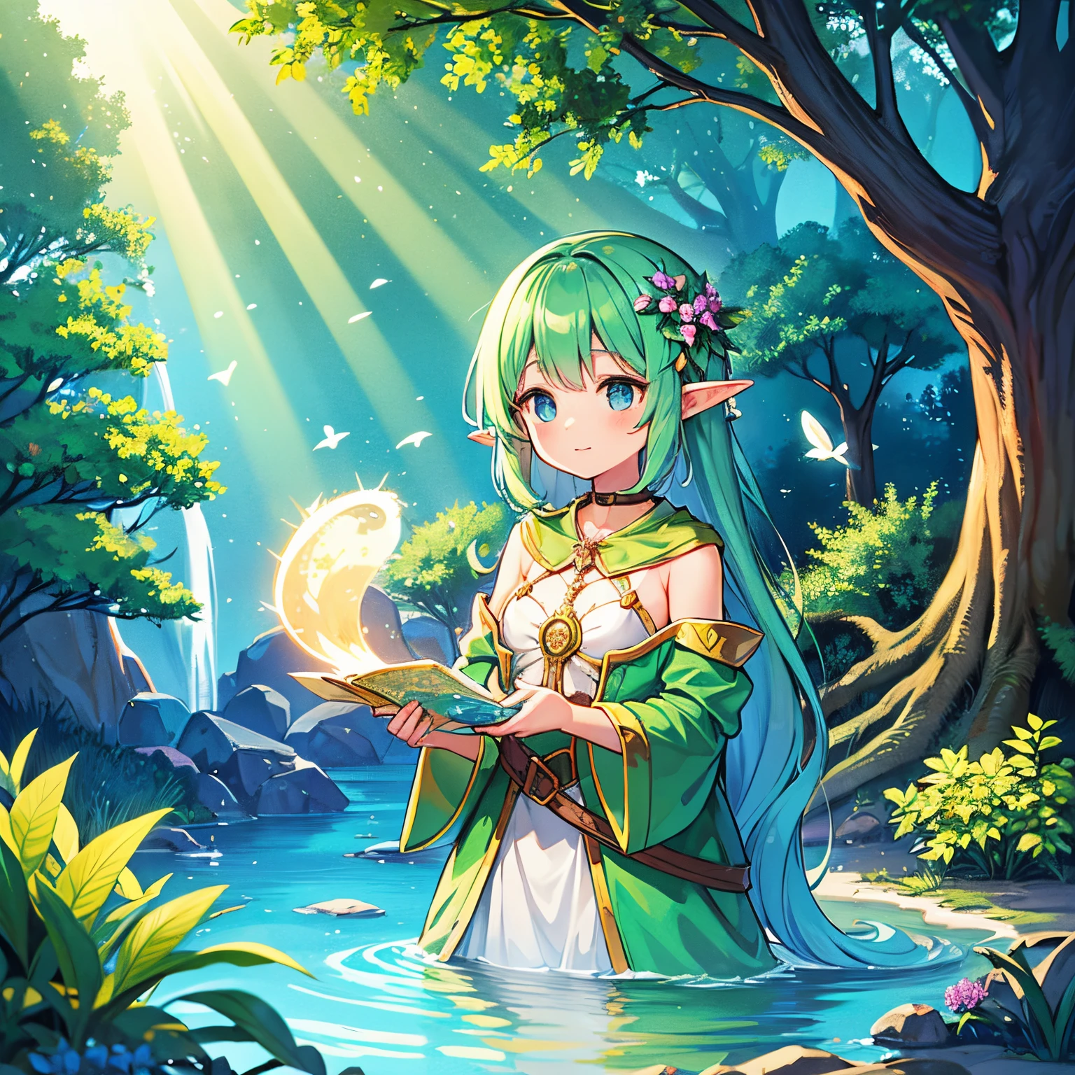 finest image, fantasy, a cute elf girl who uses magic to grow trees and flowers in the forest, water shower, gold dust, sunlight filtering through the trees, fairies, birds, blue skies