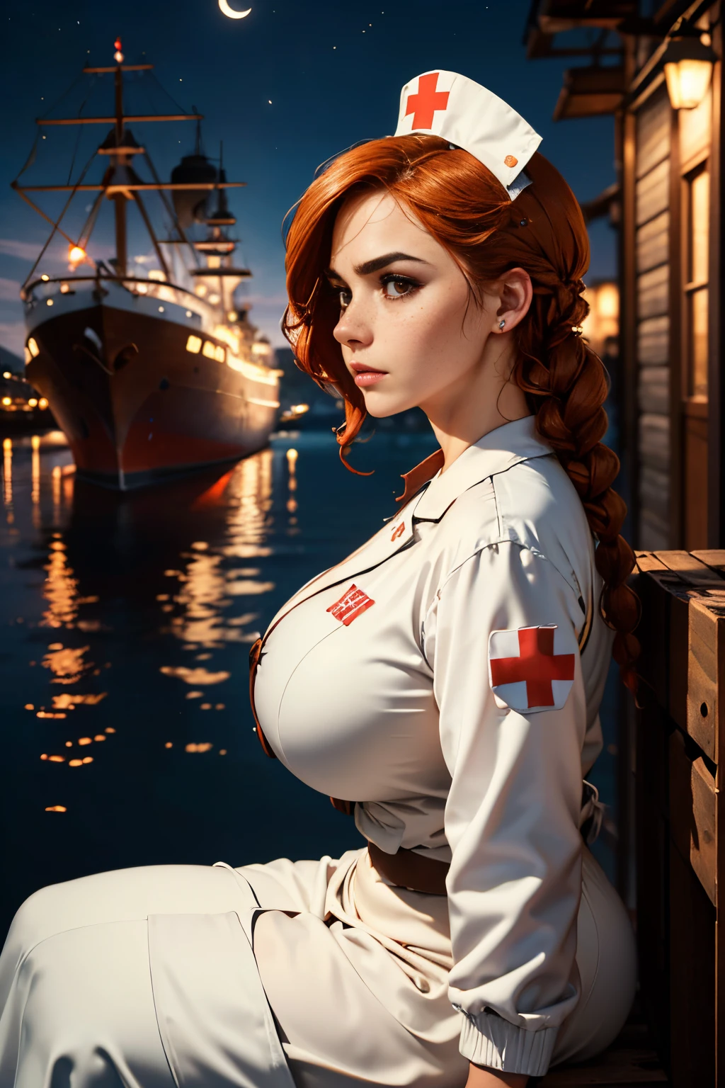 a picture of 1 woman, set in a harbour at night, a 40-year- old Scottish female nurse in world war 2 style, sitting on a wooden crate, sideview shit, profile, midnight, ship in the background, moon, tense atmosphere. She has has copper red hair, tied up to a braid, ((brown eyes)), downturned eyes, high cheekbones, strong eyebrows, freckles, strong jaw, strong face, quiet and thoughtful expression, white nurse outfit with white jacket and white skirt, white nurse headgear, red cross. Huge breasts, broad hips, hourglass figure, cinematic, UHD, masterpiece, anatomically correct, textured skin, natural blemishes , wrinkles,super detail, high quality, best quality, award winning, highres, 16k, HD,