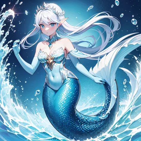 mermaid swimming gracefully in the sea, blue scales, the area below the shoulder is covered with fine scales., silber hair, earl...