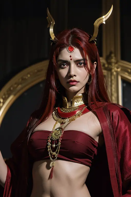 "create a compelling anime villain inspired by india: rudra roop, with fiery red hair and a menacing presence. infuse elements o...