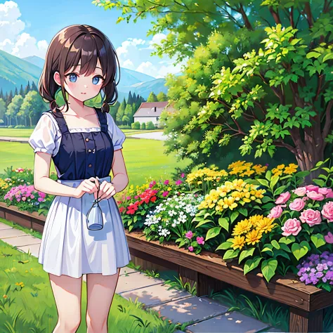 super high quality, oil painting, painting, a very cute girl watering flowers in the garden, birds, blue skies