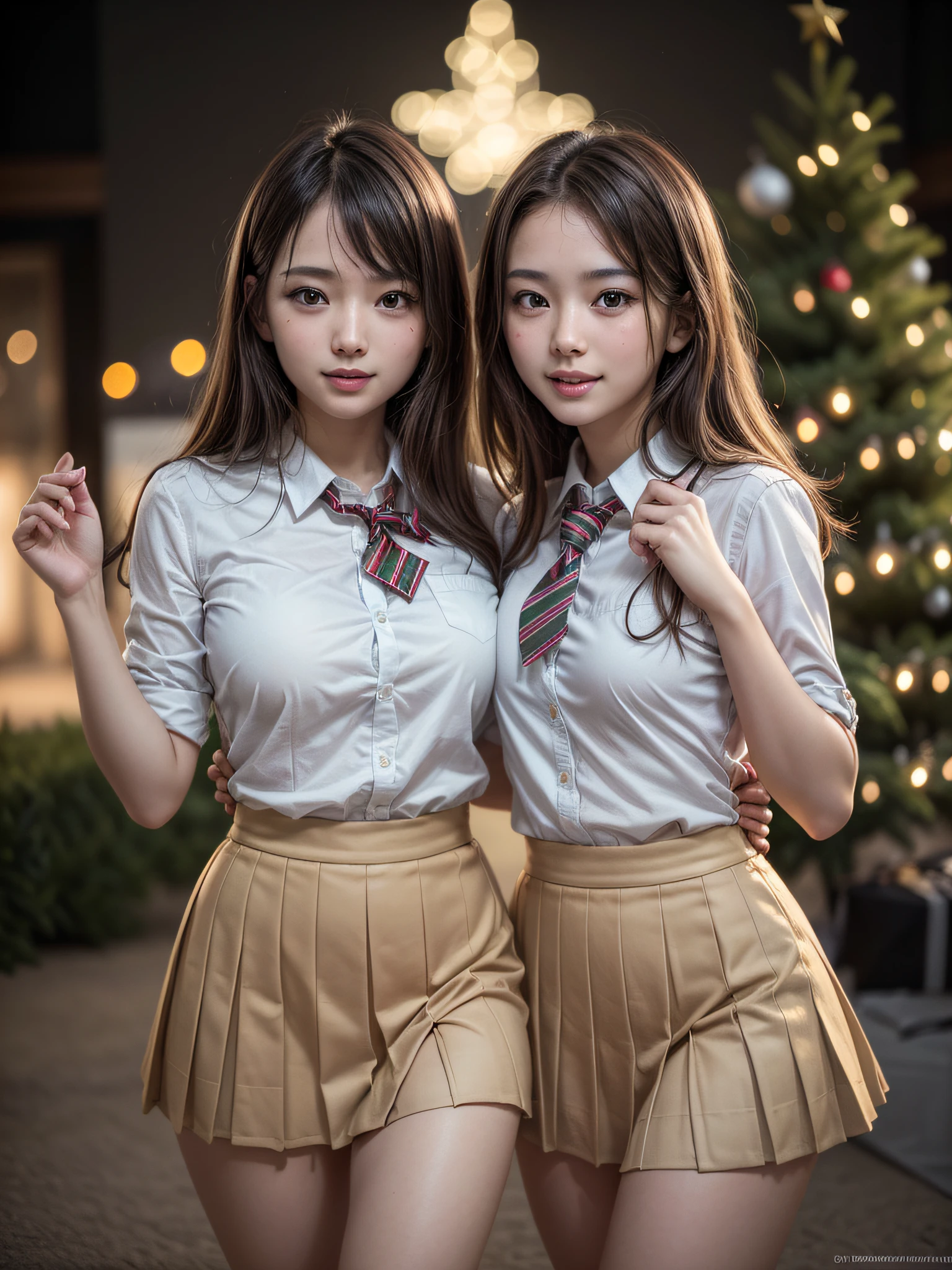 (2girls:1.4), Extremely cute, Amazing face and eyes, (Beautiful lovely smile), (extremely detailed beautiful face), bright and shiny lips, (School uniform, Pleated skirt:1.3), (Best Quality:1.4), (hyper quality), (Ultra-detailed), (Hyper-realistic, Photorealsitic:1.37), Authentic skin texture, intricate-detail, extremely detailed CG unified 8k wallpaper, RAW Photos, professional photograpy, Cinematic lighting, Exposing, Christmas tree, Christmas Ornaments, Christmas Decorations, Christmas Lights, christmas lights,