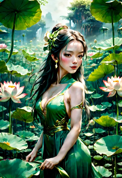 (Plant Girl:1.4), (Lotus flower, nature theme, nature, Ancient Chinese), bright green, (best quality, masterpiece, Representativ...