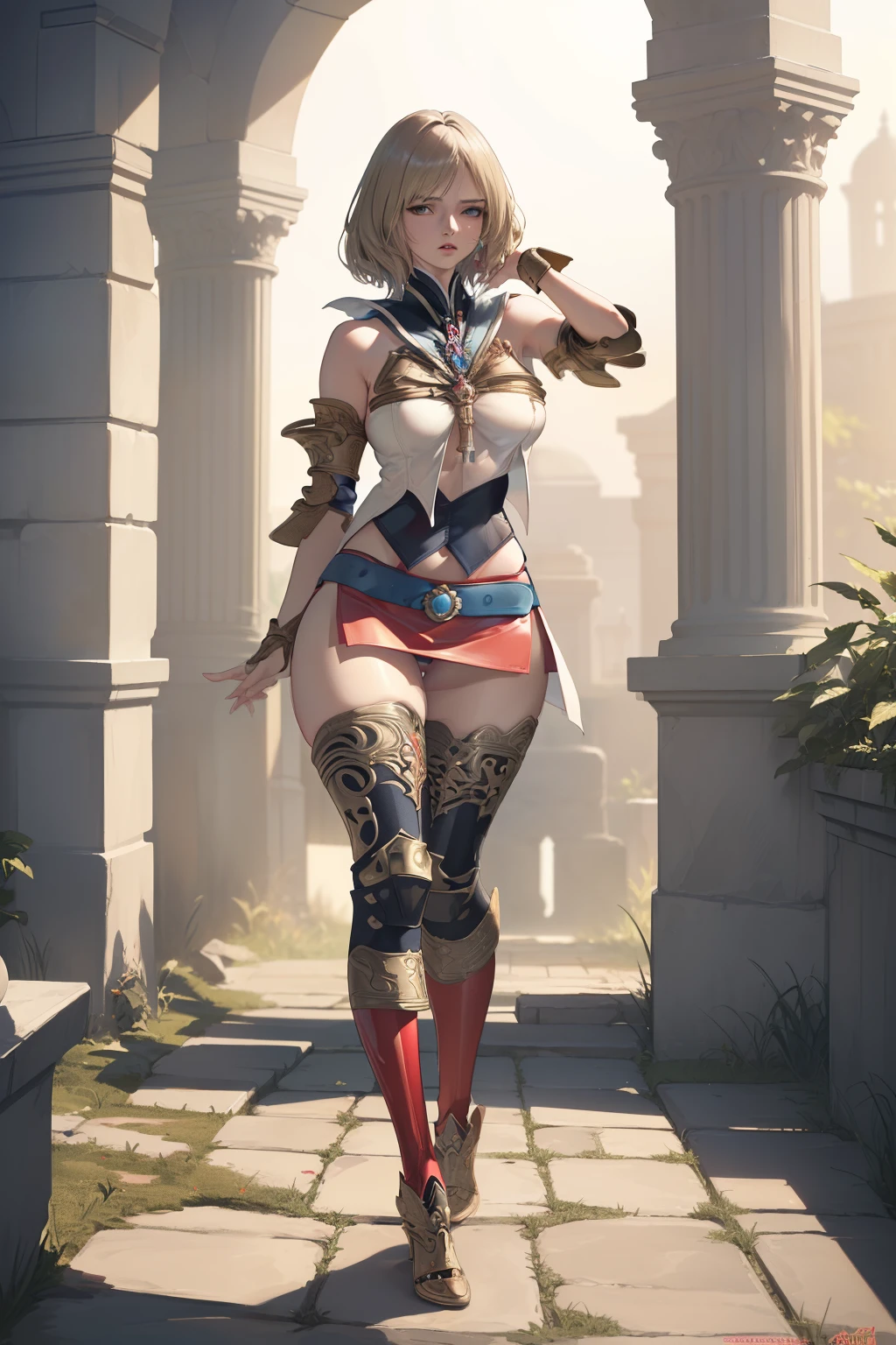 (the golden ratio,masutepiece, of the highest quality, Best Quality, Beautiful and aesthetic:1.2), ighly detailed, Colorful,highest details, (Adults,age19,1girl in, Solo, Final Fantasy 12,Ashelia, shorth hair, short-hair,Ashelia Costume, Colossal , a miniskirt,thigh high boots, thighs thighs thighs thighs, jewely,Contemptuous look,Eyes like looking at garbage, her hand lifts her skirt.,Show me your panties,trying to trample on you